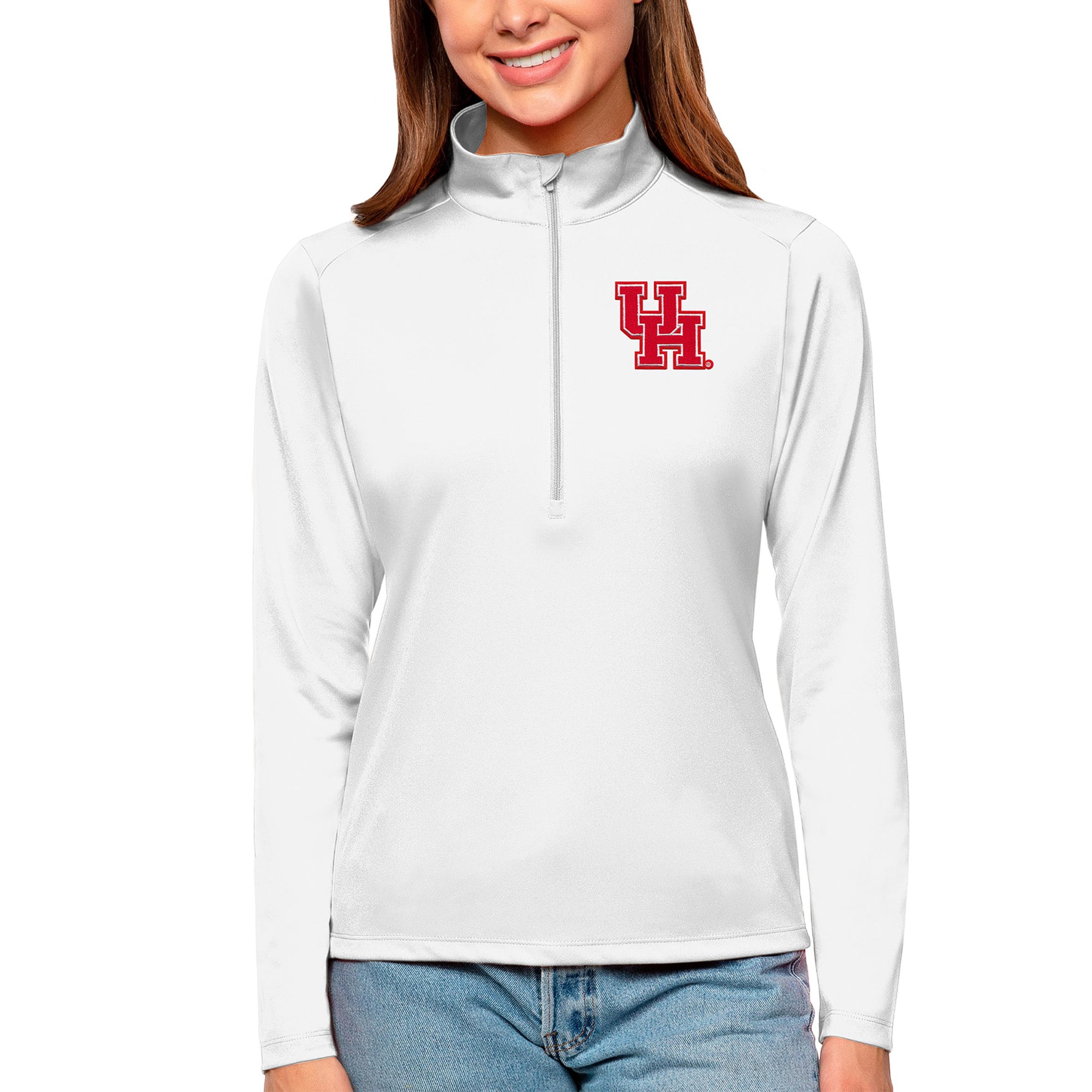 Women's Antigua White Houston Cougars Tribute Quarter-Zip Pullover Top